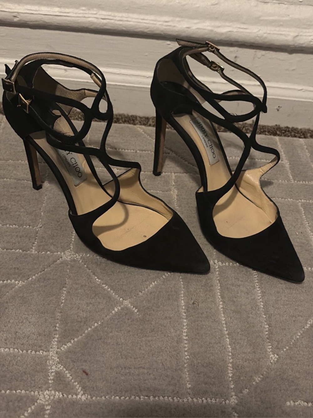 Jimmy Choo Black Suede Strappy Pointed Toe Ankle-Heel Pumps